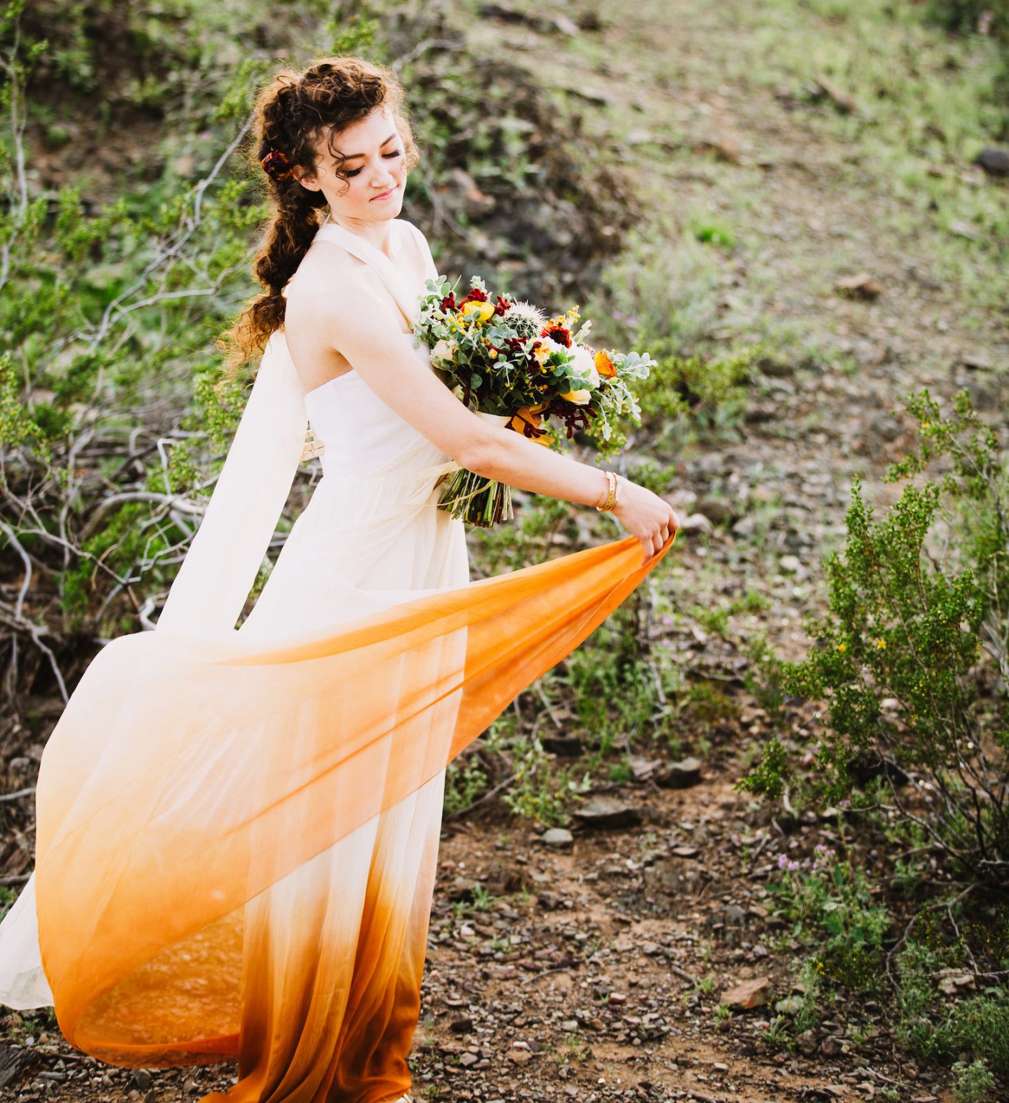 Bridal styled shoot in the Arizona desert ~ Orange Dip dye wedding dress