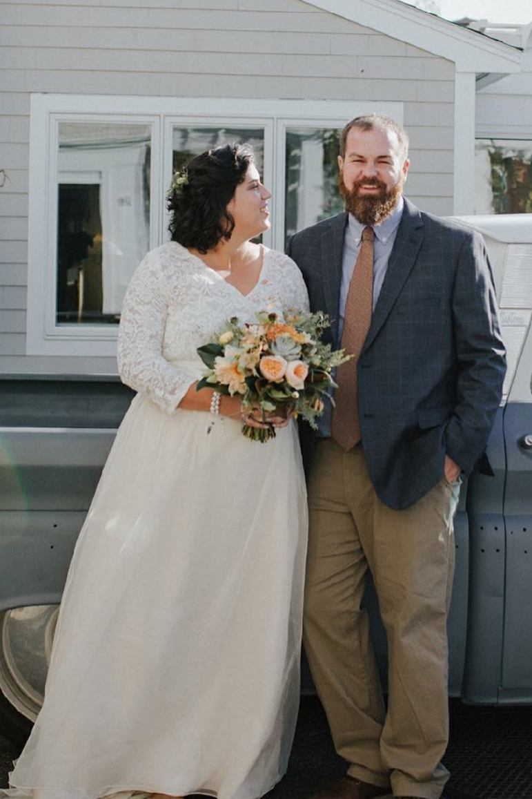 outdoor country wedding, plus size pride, bride and groom, handmade custom gown, rustic vibes wedding
